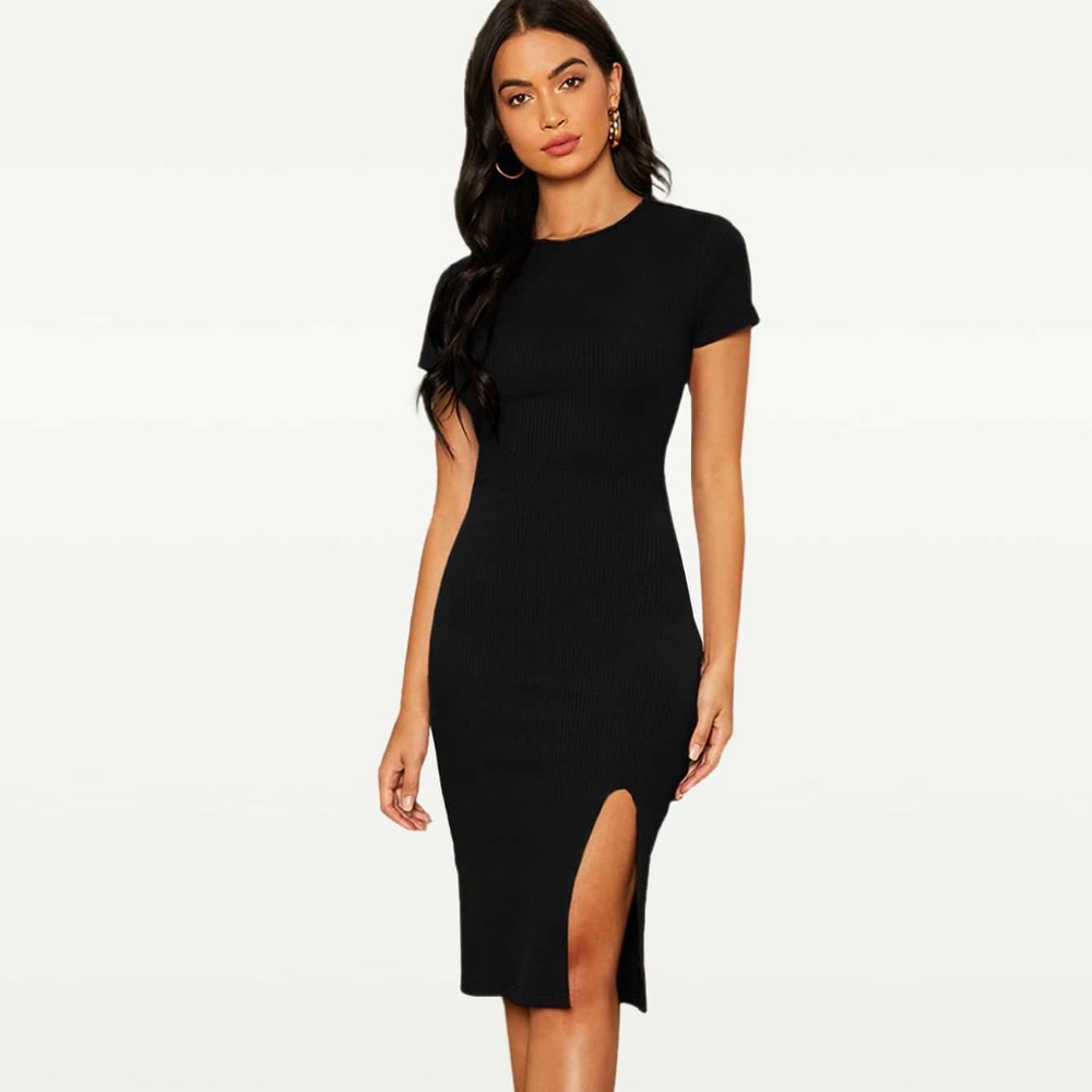 ! SHEIN Basics Minimalist Black Rib-Knit Slit Hem Bodycon Midi Dress Women XS